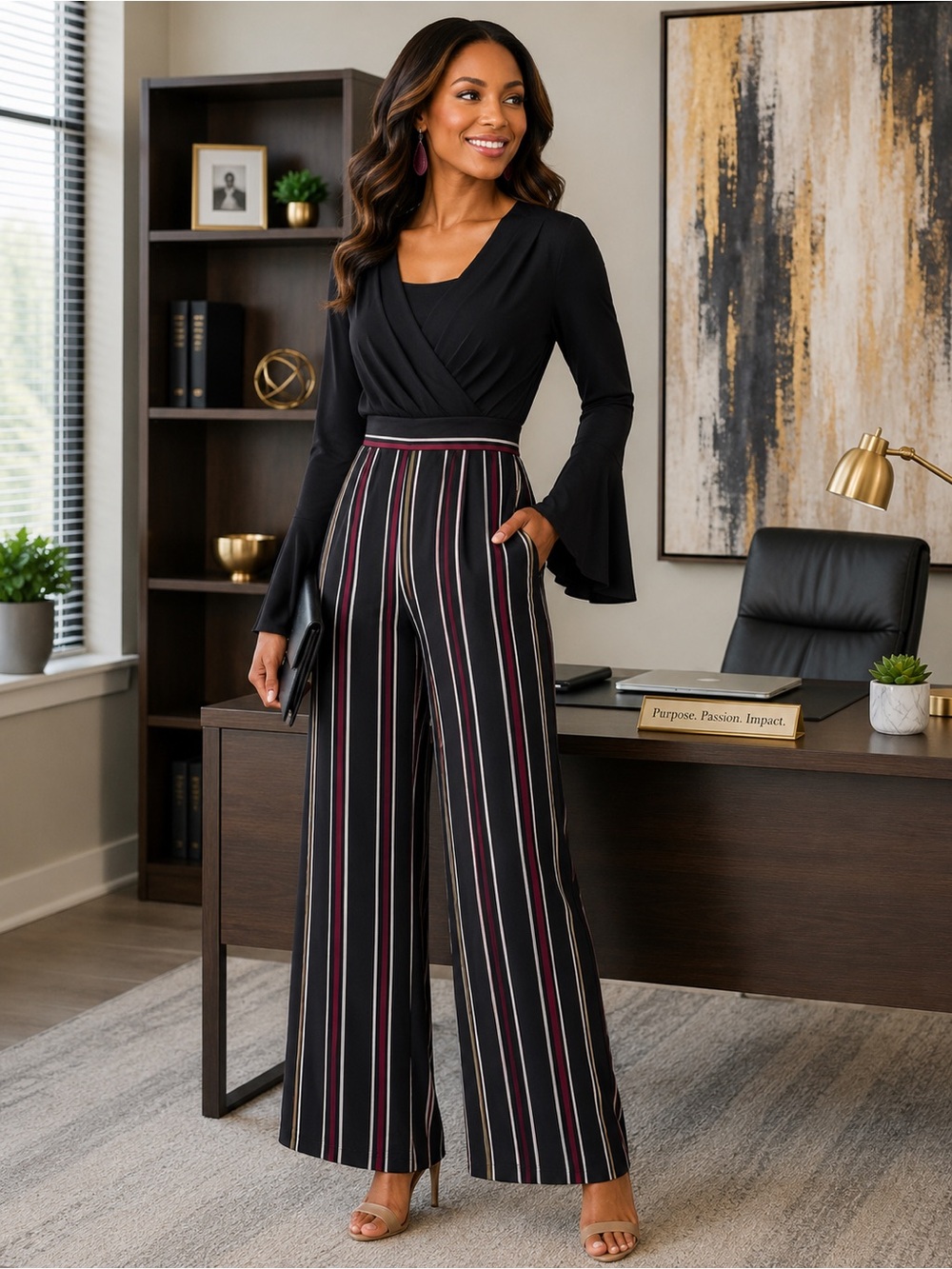 Emma & Michele Black Wrap Jumpsuit with Striped Pants
